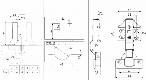 Петля полунакладная без пружины 48мм h2 сlip-on PRIME by AKS 3D черный никель (саморезы, заглушки) (упак. = 2 шт.)_2