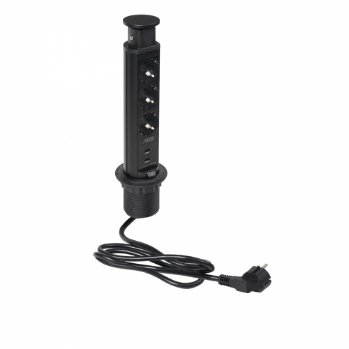 Выдвижной удлинитель Vulcan USB, 60 мм, 3 розетки 2xUSB A, крышка пластик, цвет черный, тип 2, AKS_1