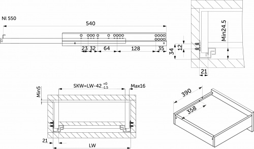 Направляющая скрытого монтажа L-550 с доводчиком ДСП до16mm насадной монтаж AKS 3/4 с фиксаторами_2