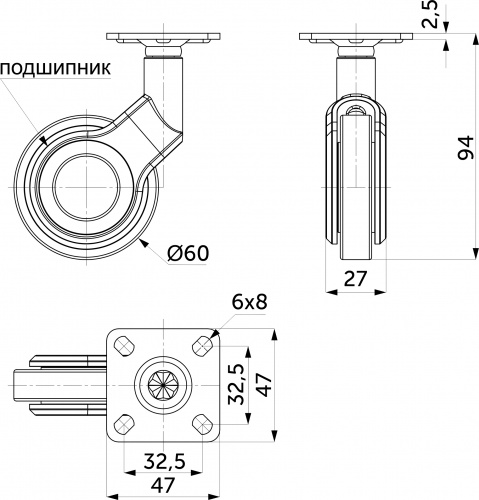 Колесо меб. GALAXY d60 h94 с площадкой, черный AKS_2