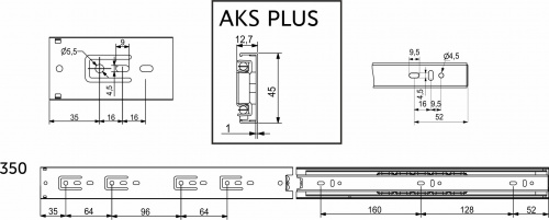 Направляющая шариковая L-350 h=45 AKS PLUS нержавеющая сталь A_2