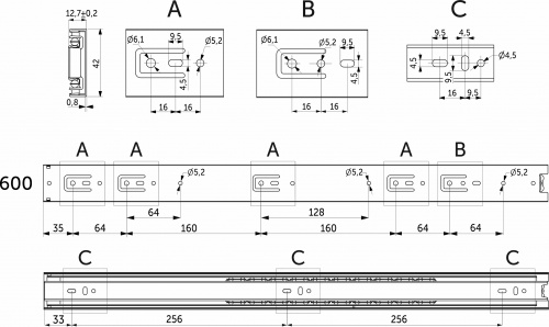 Направляющая шариковая L-600 h=42 GRIDLI A_2