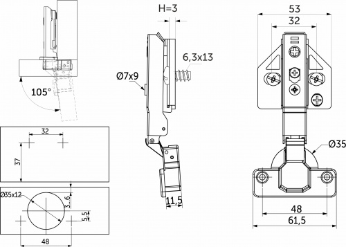 Петля накладная с доводчиком 48мм h3 clip-on AKS PLUS 3D (еврошурупы, заглушки)_2