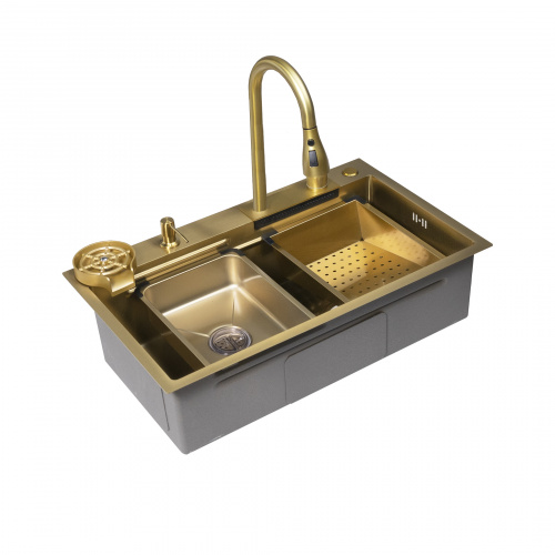Мойка н/сталь, прямоугольная одночашевая, со смесителем, 750*450мм, соты золото, PVD, врезная на/вровень столешнице, AKS (3,2мм)_3