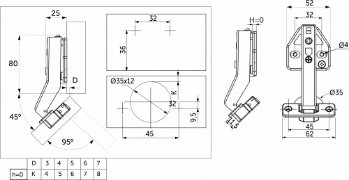 Петля угловая 45° с доводчиком 45мм h0 clip-on AKS PLUS 3D (саморезы, заглушки)_2