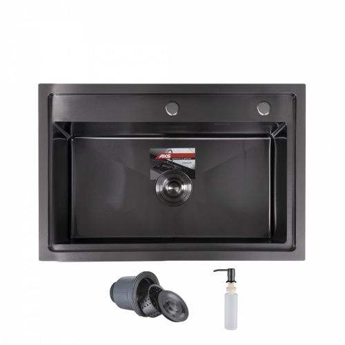 Мойка н/сталь, прямоугольная одночашевая, 700*460мм, глянец черный, врезн на/вровень столешнице, AKS (3,2мм)_1
