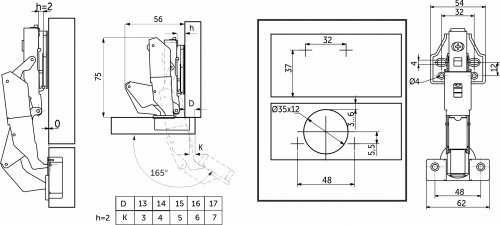 Петля 165° накладная с доводчиком 48мм h2 clip-on PRIME by AKS черный никель (саморезы, заглушки) 0-е вхождение (упак. = 2 шт.)_2