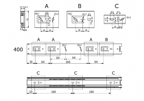 Направляющая шариковая L-400 h=42 GRIDLI A_2