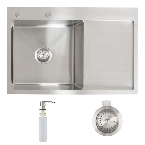 Мойка н/сталь, прямоугольная одночашевая, 780*510мм, сатин, PVD покрытие, мойка слева, с крылом, врезн на/вровень столешнице, AKS (3,2мм)_1