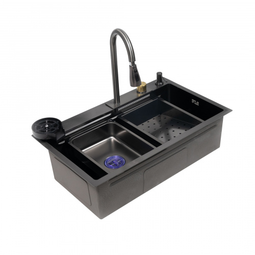 Мойка н/сталь, прямоугольная одночашевая со смесителем, 750*450мм, графит, PVD покрытие, врезн на/вровень столешнице, AKS (3,2мм)_3
