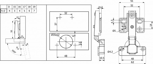 Петля внутренняя с доводчиком 48мм h2 несъемная планка (4 отверстия) GRIDLI_2