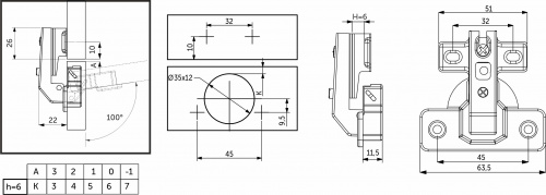 Петля под фальшпанель 90° с пружиной 45мм h6 slide-on AKS короткое плечо_2