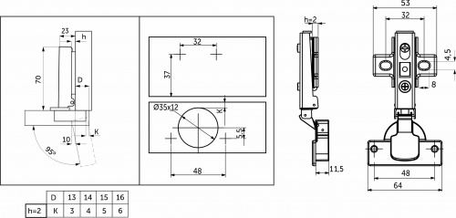 Петля накладная с пружиной обратного действия 48мм h2 clip-on AKS_2