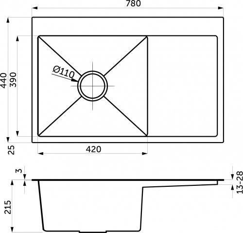 Мойка н/сталь, прямоугольная одночашевая, 780*440мм, мат сатин, PVD, мойка слева, с крылом, универсальная, AKS (3,2мм)_2