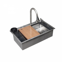 Мойка н/сталь, прямоугольная одночашевая, со смесителем, 750*450мм, соты сатин, PVD, врезн на/вровень столешнице, AKS (3,2мм) фотография