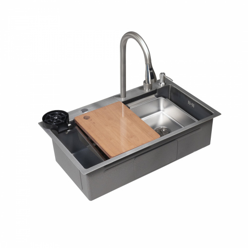 Мойка н/сталь, прямоугольная одночашевая, со смесителем, 750*450мм, соты сатин, PVD, врезн на/вровень столешнице, AKS (3,2мм)_1