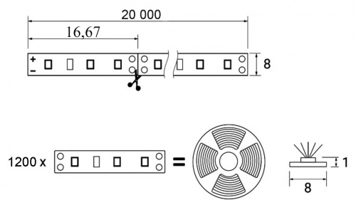 Лента светодиодная - 14,4W/m, 12V, 8мм, 2835, 180 д/м, IP20, нейтральный белый (4000K), CRI>80, 600 Lm, 20м, AKS_2