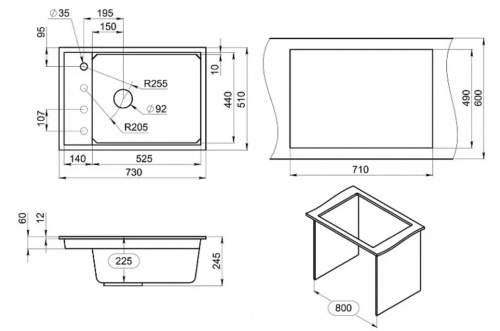 Мойка кварц, прямоугольная одночашевая, KS-7305, 730*510мм, черный металлик, на столешницу, Granula_2