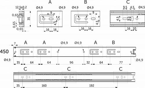 Направляющая шариковая L-450 h=35 GRIDLI A_2