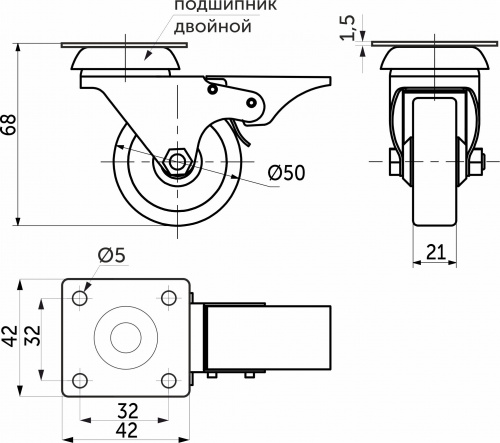 Колесо меб. c рез.ободом d50 h67 с площадкой с торм., серый AKS_2