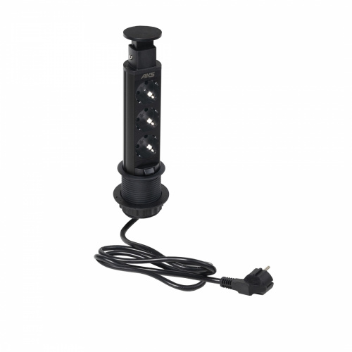 Выдвижной удлинитель Vulcan, 60 мм, 3 розетки, крышка пластик, цвет черный, тип 2, AKS_1