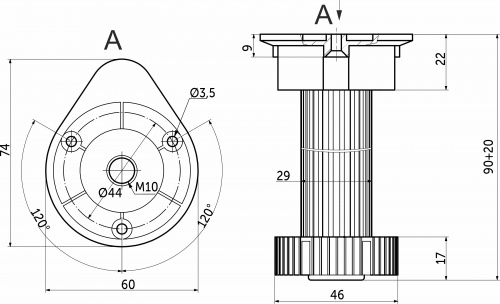 Опора кухонная пласт. h100 трехсоставная с овальным креплением, черный AKS (1 уп. = 250 шт.)_2