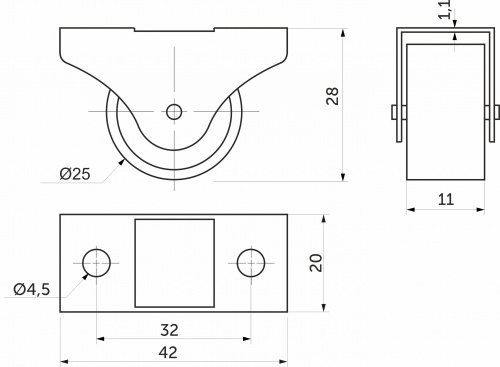 Ролик меб. d25 h28 прямоходящий, черный AKS_2