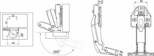 Петля 165° накладная с доводчиком 45мм h0 clip-on AKS PLUS 3D (саморезы, заглушки)_2