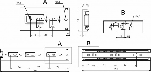 Направляющая шариковая L-250 h=42 GRIDLI B_2