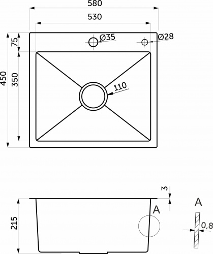 Мойка н/сталь, прямоугольная одночашевая, 580*450мм, сатин, PVD покрытие, врезн на/вровень столешнице, AKS (3,2мм)_2