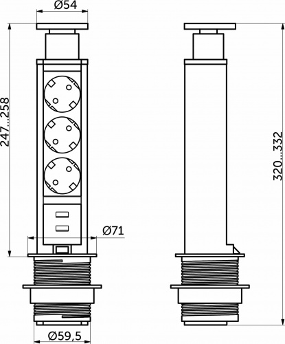 Выдвижной удлинитель Vulcan USB, 60 мм, 3 розетки, USB A + USB C, крышка пластик, алюминий, AKS_2