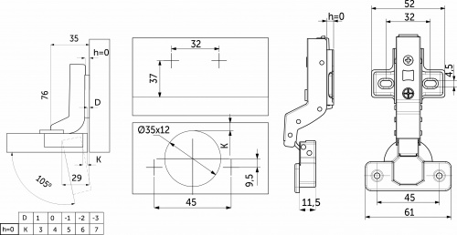 Петля внутренняя без пружины 45мм h0 clip-on PRIME by AKS (саморезы, заглушки) (упак. = 2 шт.)_2