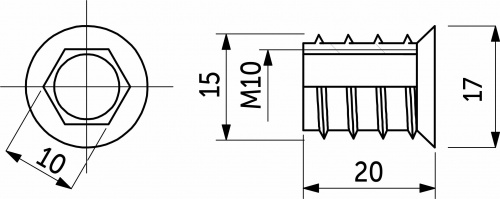 Гайка Rampa М10*15*20 с шестигран. углублением с буртиком (уп/ 1 тыс.шт) РП_2