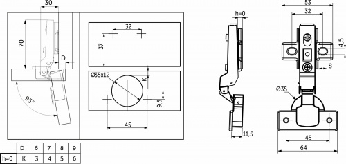 Петля полунакладная с пружиной обратного действия 45мм h0 clip-on AKS_2