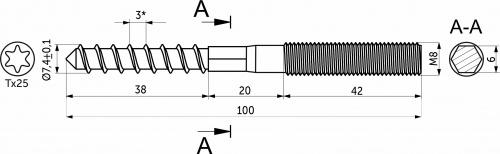 Шпилька двухсторонняя М8х100 с резьбой по дереву и метрической резьбой AKS_2