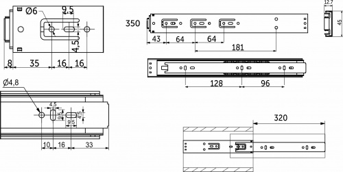 Направляющая шариковая L-350 h=45 AKS PLUS PUSH TO OPEN_2