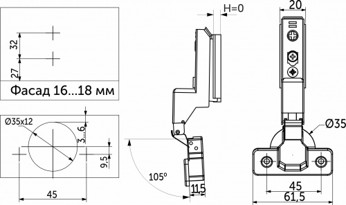 Петля внутренняя с доводчиком 45мм h0 clip-on AKS PLUS 3D узкая (саморезы, заглушки)_2