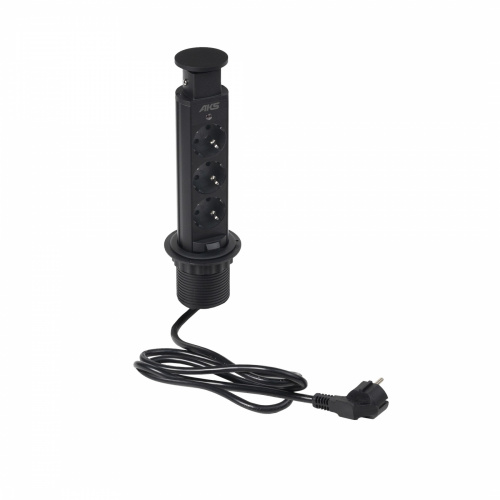 Выдвижной удлинитель Vulcan, 60 мм, 3 розетки, крышка пластик, цвет черный, AKS_1