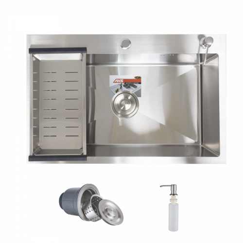 Мойка н/сталь, прямоугольная одночашевая, 700*460мм, глянец сатин, врезн на/вровень столешнице, AKS (3,2 мм)_1