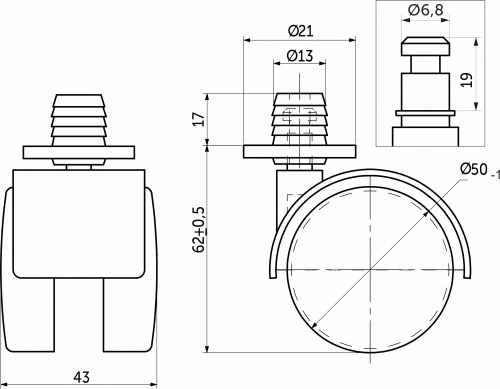 Колесо меб. пласт. d50 со штоком и втулкой, черный AKS_2
