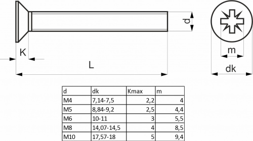 Винт потай М6*45, крестообразный шлиц DIN 965, полн. резьба (уп/10 кг/ ~1200) AKS_2