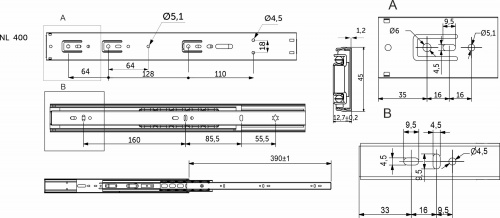 Направляющая шариковая L-400 h=45 AKS PLUS SOFT CLOSE A_2