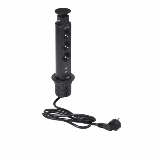 Выдвижной удлинитель Vulcan USB, 60 мм, 3 розетки 2xUSB A, крышка пластик, черный, AKS_1