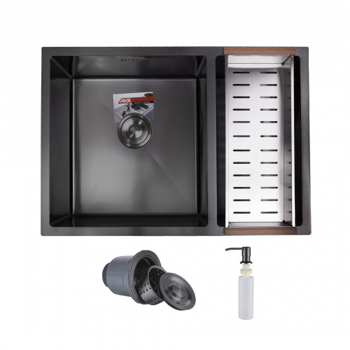 Мойка н/сталь, прямоугольная двухчашевая, 750*510мм, черный, универсальная, AKS (3,2мм)_3