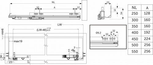Направляющая скрытого монтажа L-550 с доводчиком ДСП до19mm с замками AKS QType полное выдвижение_2