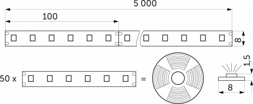 Лента светодиодная - 4,8W/m, 24V, 8мм, 2835, 60 д/м, IP20, холодный белый (6000K), CRI>80, 550 Lm, 5м, AKS_2