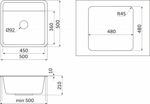 Мойка кварцевая, квадратная, ST-5001, 500*500мм, графит, Granula_2