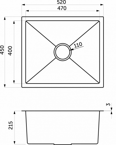 Мойка н/сталь, прямоугольная одночашевая, 520*450мм, сатин, PVD покрытие, универсальная, AKS (3,2мм)_2