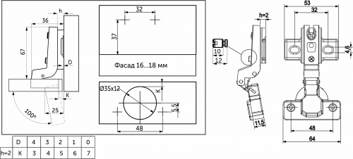 Петля внутренняя с пружиной 48мм h2 slide-on GRIDLI 52г_2