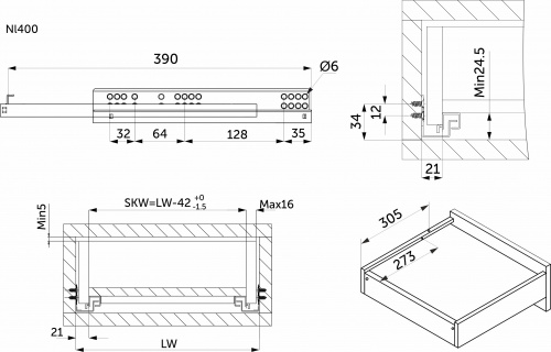 Направляющая скрытого монтажа L-400 с доводчиком ДСП до16mm насадной монтаж AKS 3/4 с фиксаторами_2